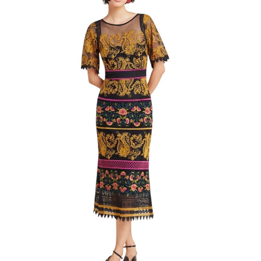 Anthropologie Jacquin Embroidered Mesh Midi Dress Black Multi Baroque Lace 6